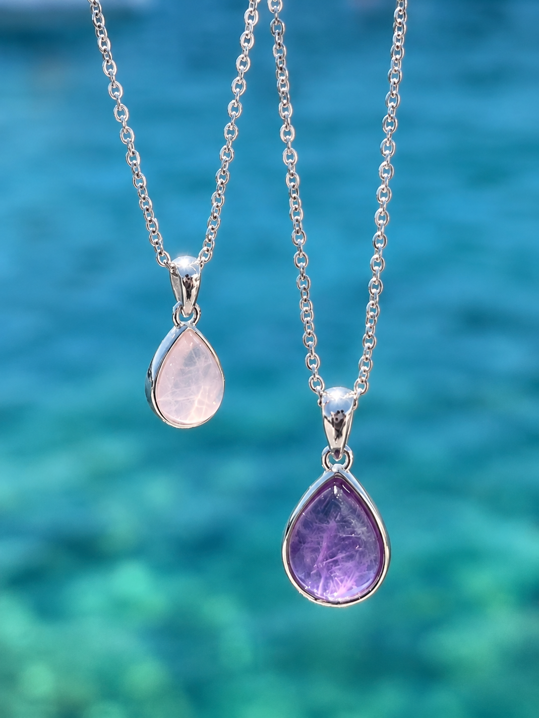 Rose Quartz Teardrop Pendant with Chain set in 925 Sterling Silver