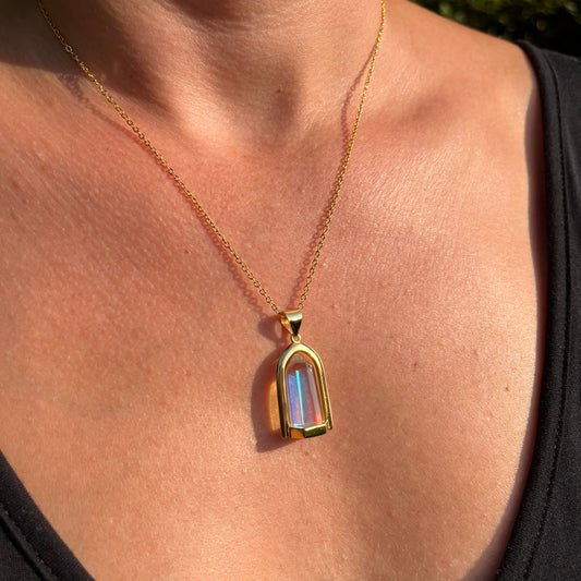 Rainbow Moonstone Gold Pendant Necklace