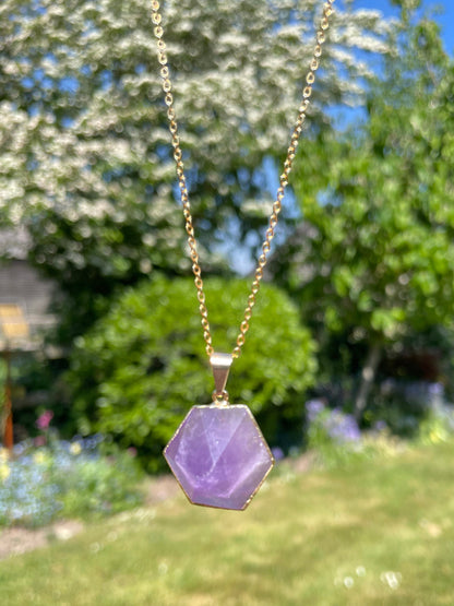 Natural Gemstone Hexagon Pendant | Crystal Quartz or Amethyst (chain not included)