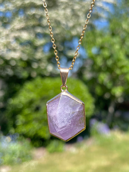 Natural Gemstone Hexagon Pendant | Crystal Quartz or Amethyst (chain not included)