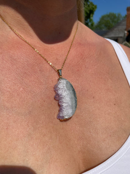 “The Crystal Slice” Natural Amethyst & Agate Pendant (chain not included)