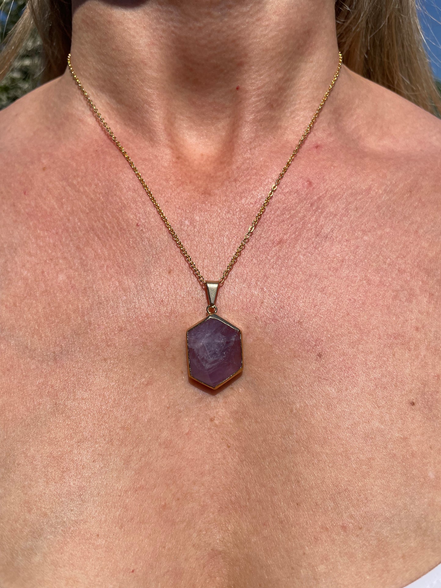 Natural Gemstone Hexagon Pendant | Crystal Quartz or Amethyst (chain not included)