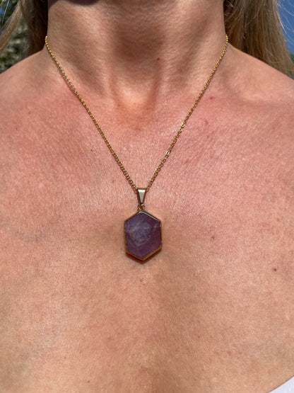Natural Gemstone Hexagon Pendant | Crystal Quartz or Amethyst (chain not included)