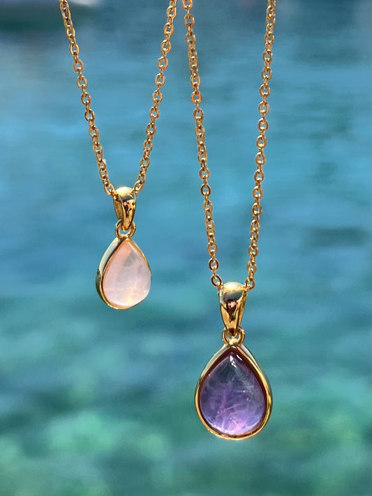 Rose Quartz Teardrop Pendant with Chain 18k Gold Plated