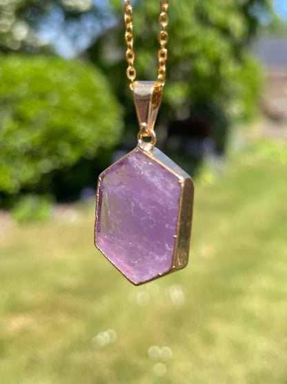 Natural Gemstone Hexagon Pendant | Crystal Quartz or Amethyst (chain not included)