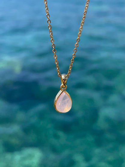 Rose Quartz Teardrop Pendant with Chain 18k Gold Plated