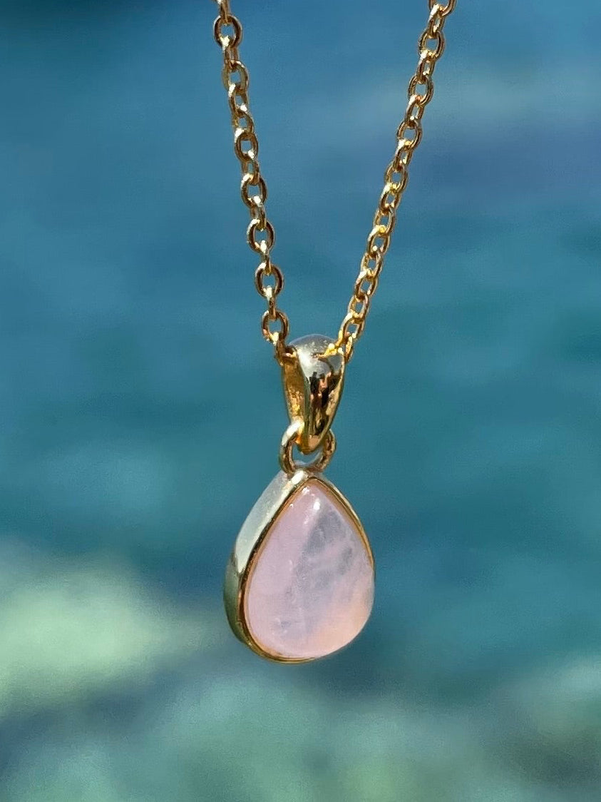Rose Quartz Teardrop Pendant with Chain 18k Gold Plated