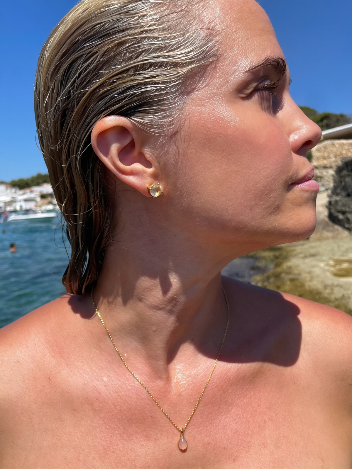 Rose Quartz Teardrop Pendant with Chain 18k Gold Plated