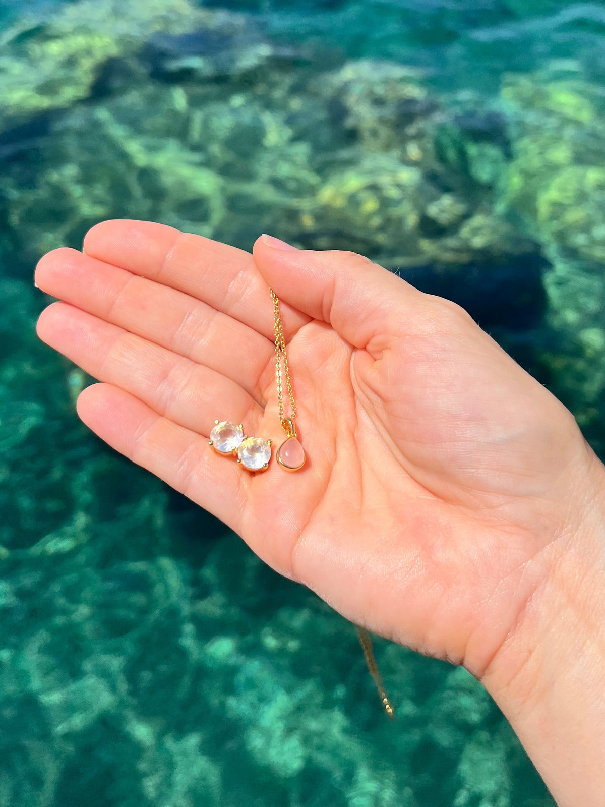 Rose Quartz Teardrop Pendant with Chain 18k Gold Plated