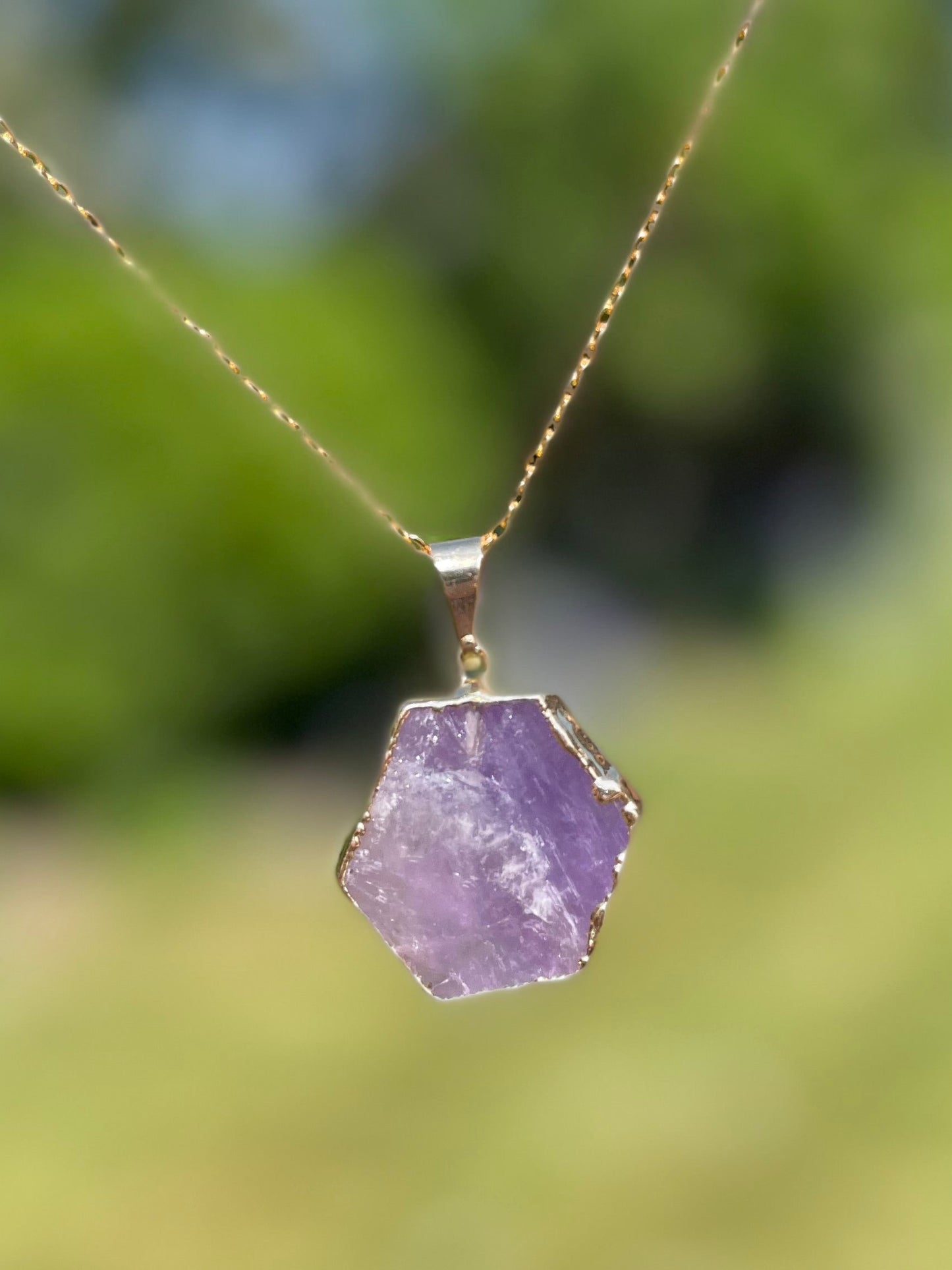 Natural Gemstone Hexagon Pendant | Crystal Quartz or Amethyst (chain not included)
