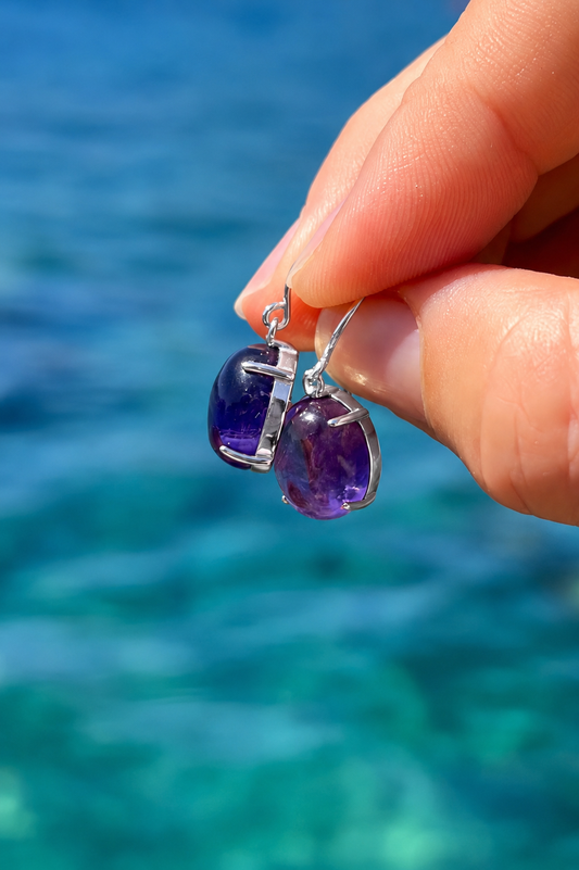 Oval amethyst drop earrings set in sterling silver by Marie-Françoise Jewellery