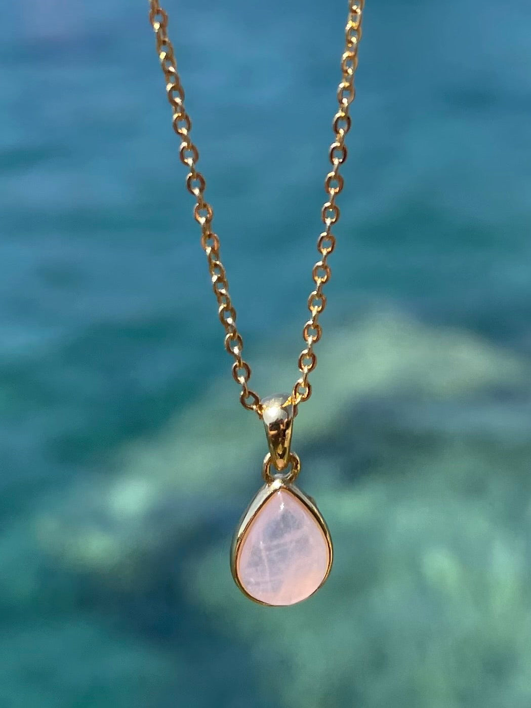 Rose Quartz Teardrop Pendant with Chain 18k Gold Plated