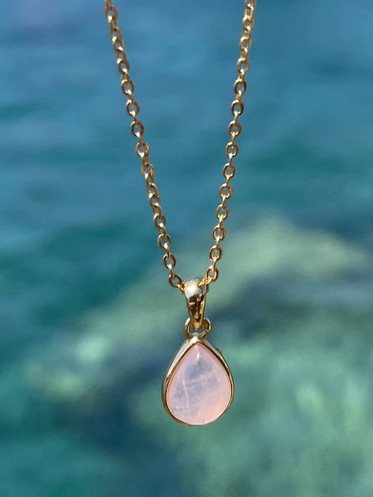Rose Quartz Teardrop Pendant with Chain 18k Gold Plated