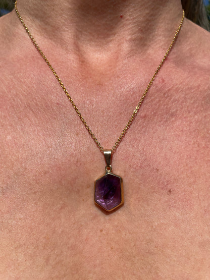 Natural Gemstone Hexagon Pendant | Crystal Quartz or Amethyst (chain not included)
