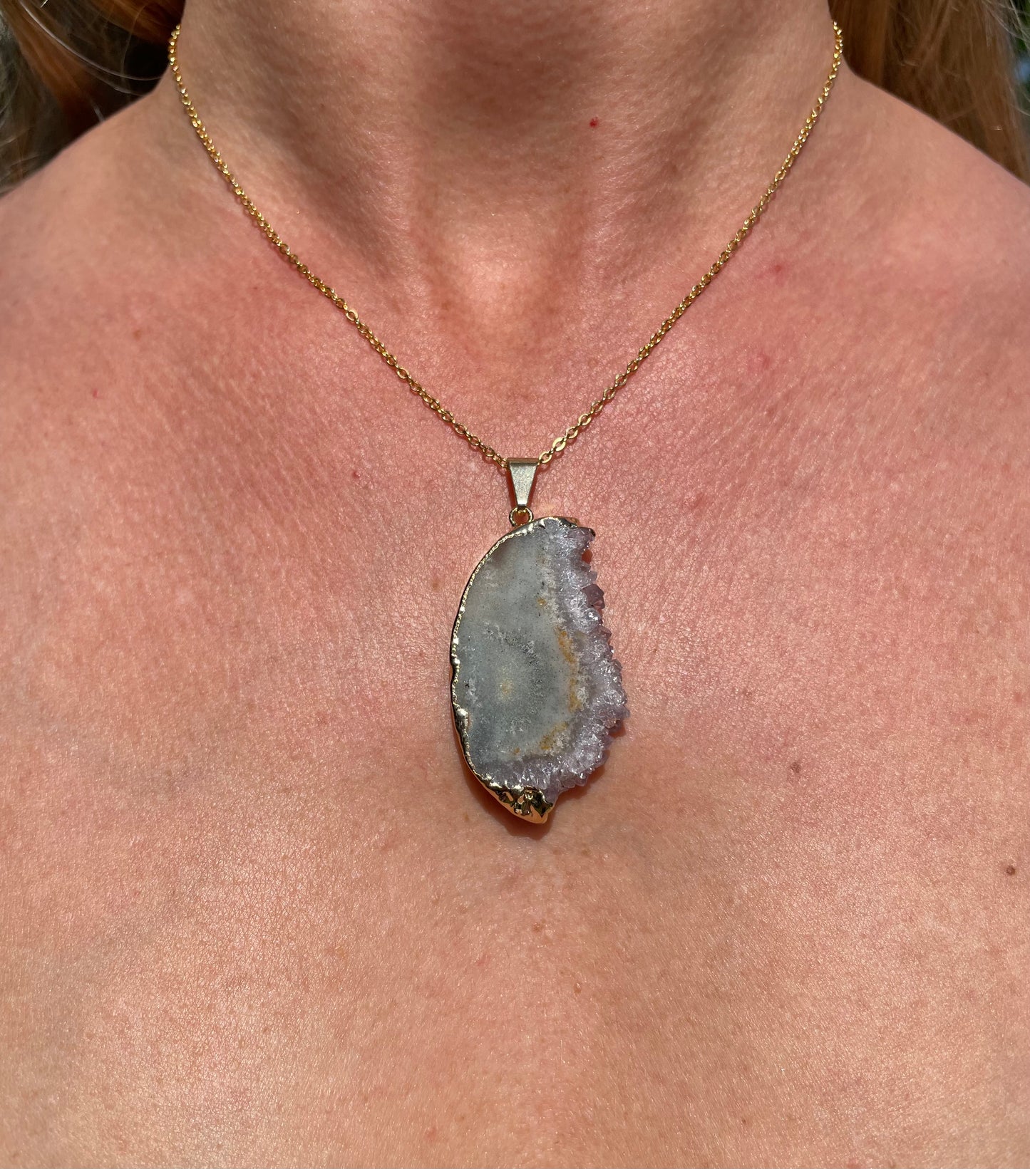 “The Crystal Slice” Natural Amethyst & Agate Pendant (chain not included)