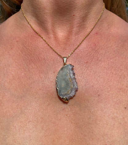 “The Crystal Slice” Natural Amethyst & Agate Pendant (chain not included)