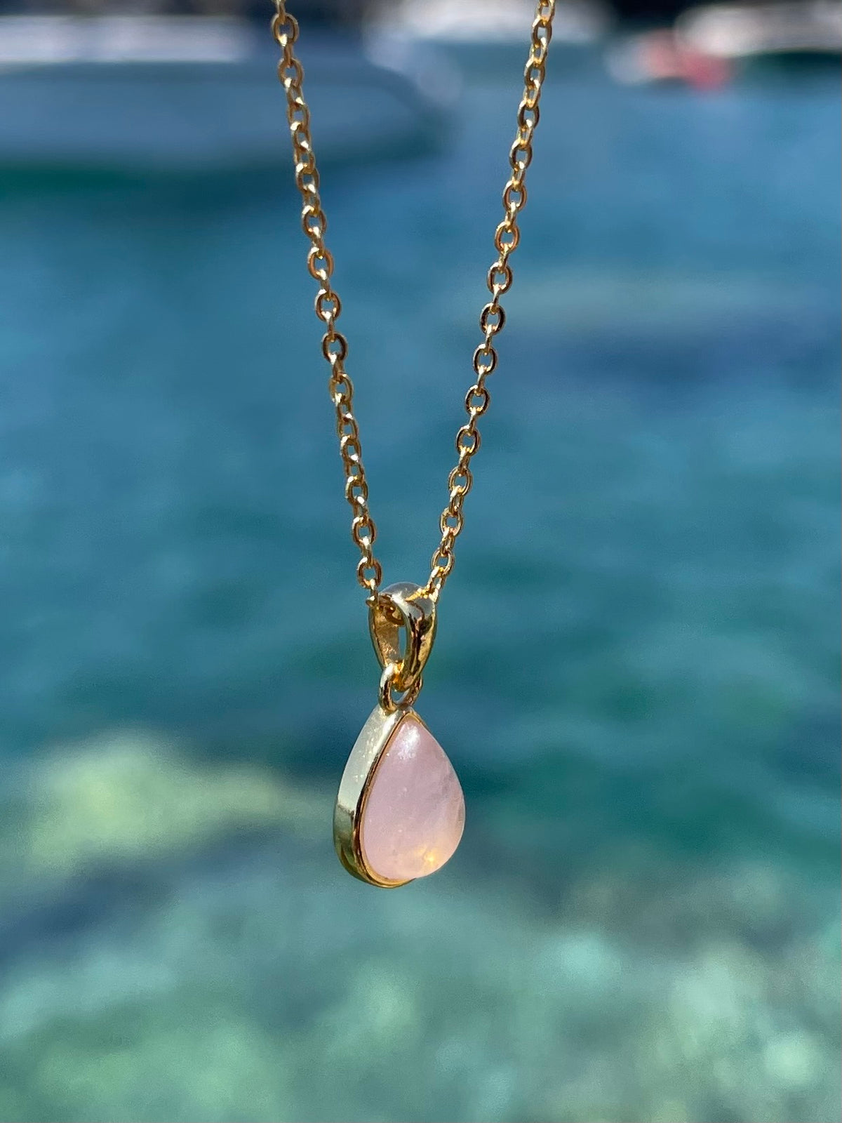 Rose Quartz Teardrop Pendant with Chain 18k Gold Plated