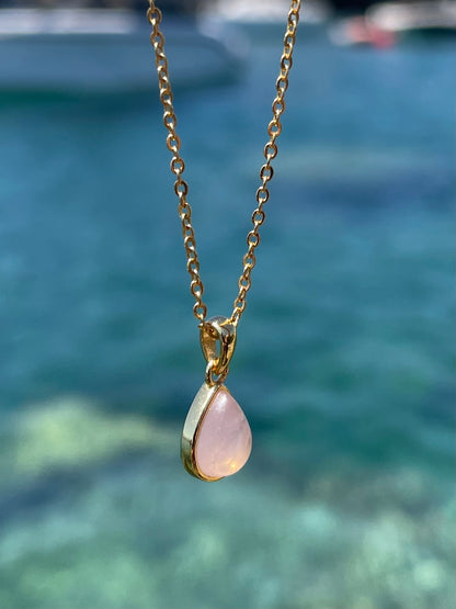 Rose Quartz Teardrop Pendant with Chain 18k Gold Plated