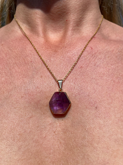 Natural Gemstone Hexagon Pendant | Crystal Quartz or Amethyst (chain not included)