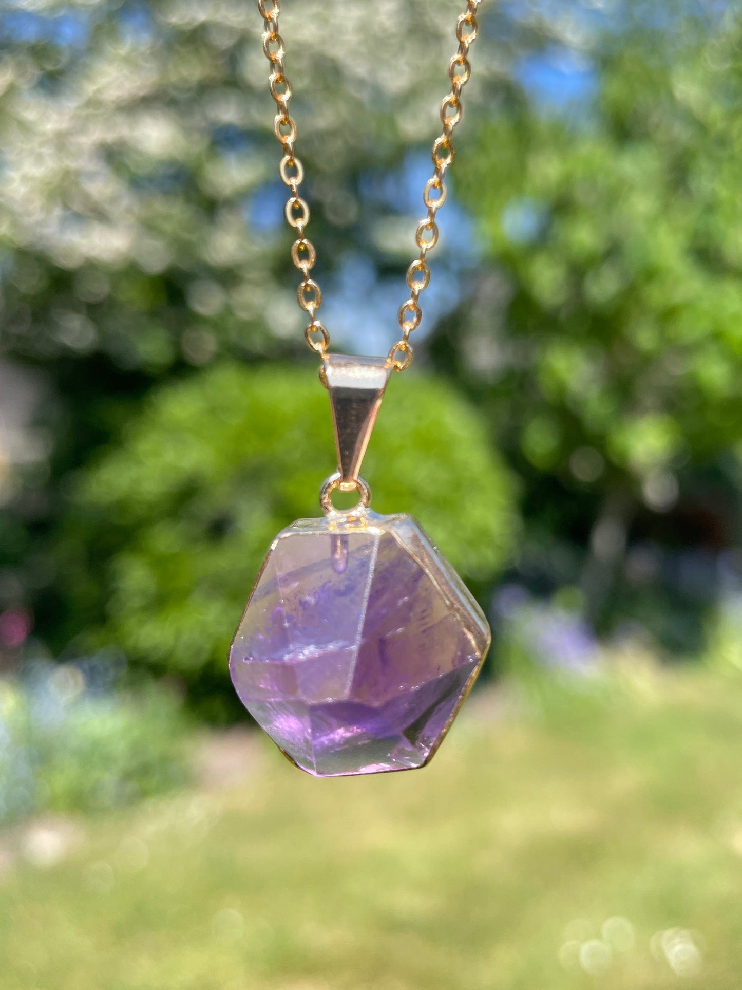 Natural Gemstone Hexagon Pendant | Crystal Quartz or Amethyst (chain not included)