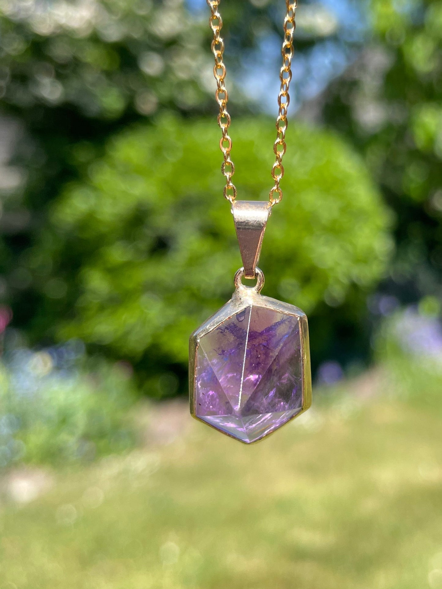 Natural Gemstone Hexagon Pendant | Crystal Quartz or Amethyst (chain not included)
