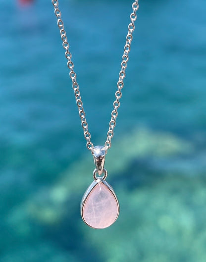 Rose Quartz Teardrop Pendant with Chain set in 925 Sterling Silver