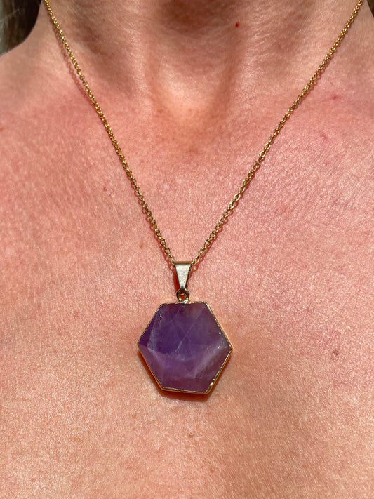 Hexagonal amethyst pendant electroplated by Marie-Françoise Jewellery 
