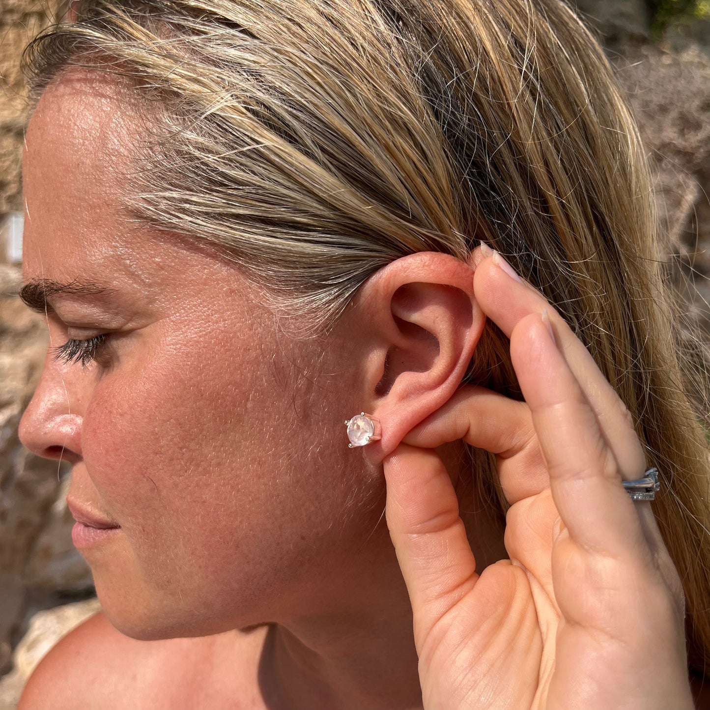 Rose Quartz Studs Earrings Sterling Silver