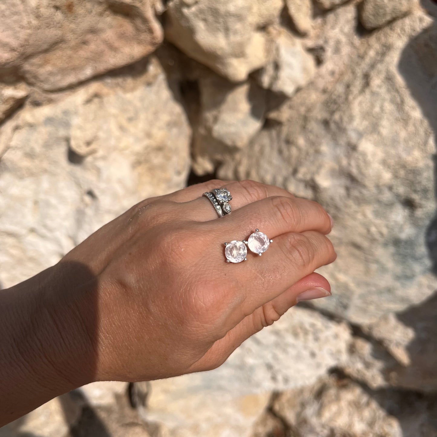 Rose Quartz Studs Earrings Sterling Silver
