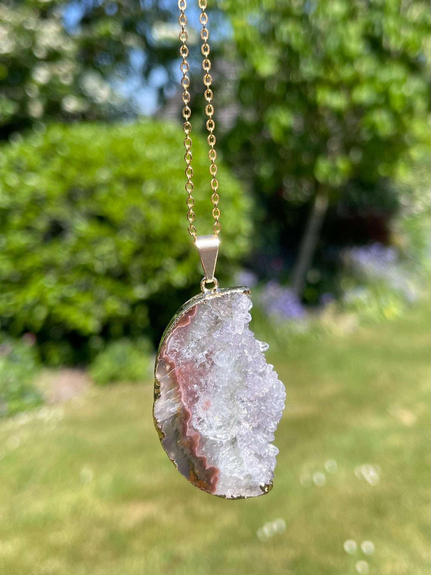 “The Crystal Slice” Natural Amethyst & Agate Pendant (chain not included)