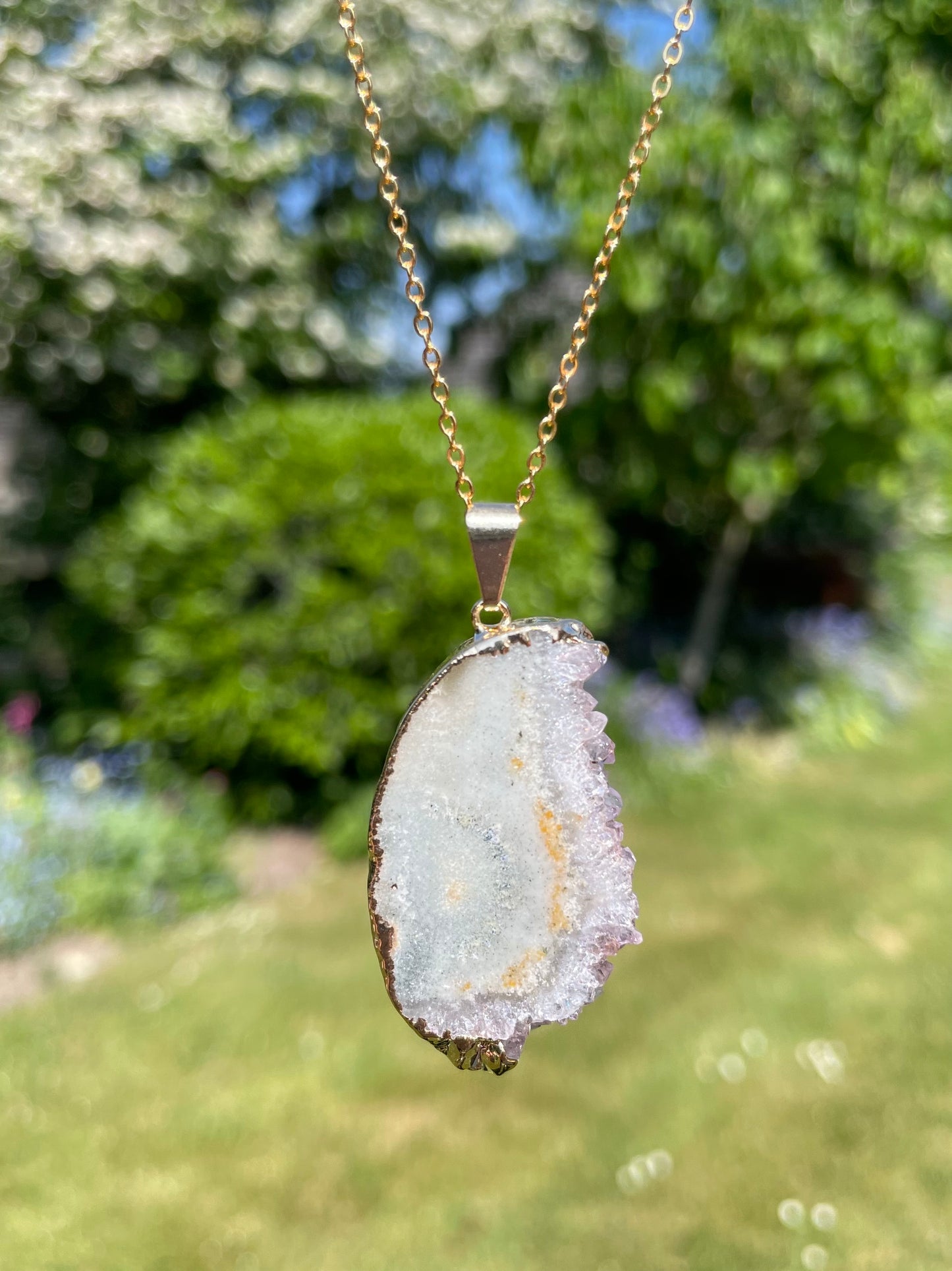 “The Crystal Slice” Natural Amethyst & Agate Pendant (chain not included)