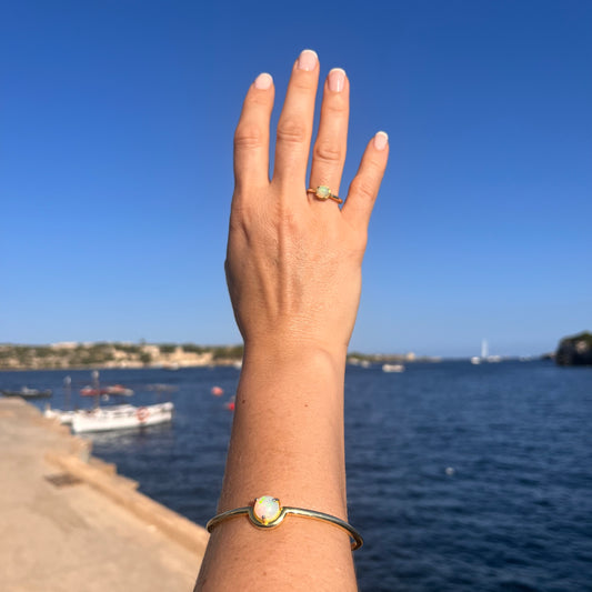 Opal cuff bracelet in thick 18k gold plating by Marie-Françoise Jewellery