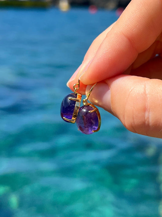 Oval amethyst drop earrings set in sterling silver with 18k Gold Plating by Marie-Françoise Jewellery