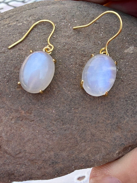 Milky Glow rainbow moonstone pendant earrings in 18k gold plated sterling silver by Marie-Françoise Jewellery