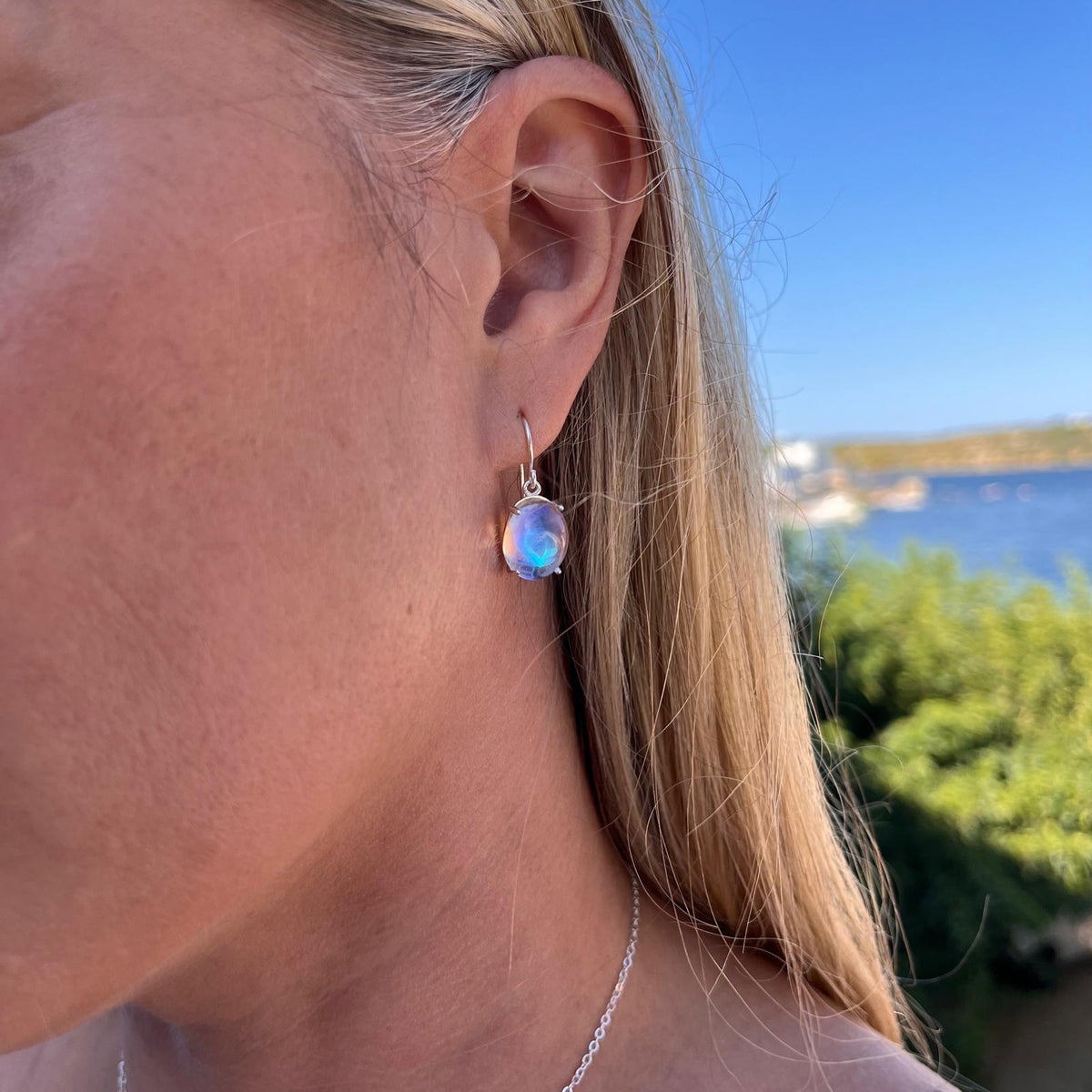 Rainbow moonstone pendant earrings in sterling silver by Marie-Françoise Jewellery