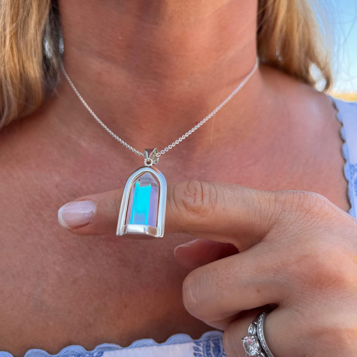 Rainbow moonstone pendant necklace in sterling silver by Marie-Françoise Jewellery
