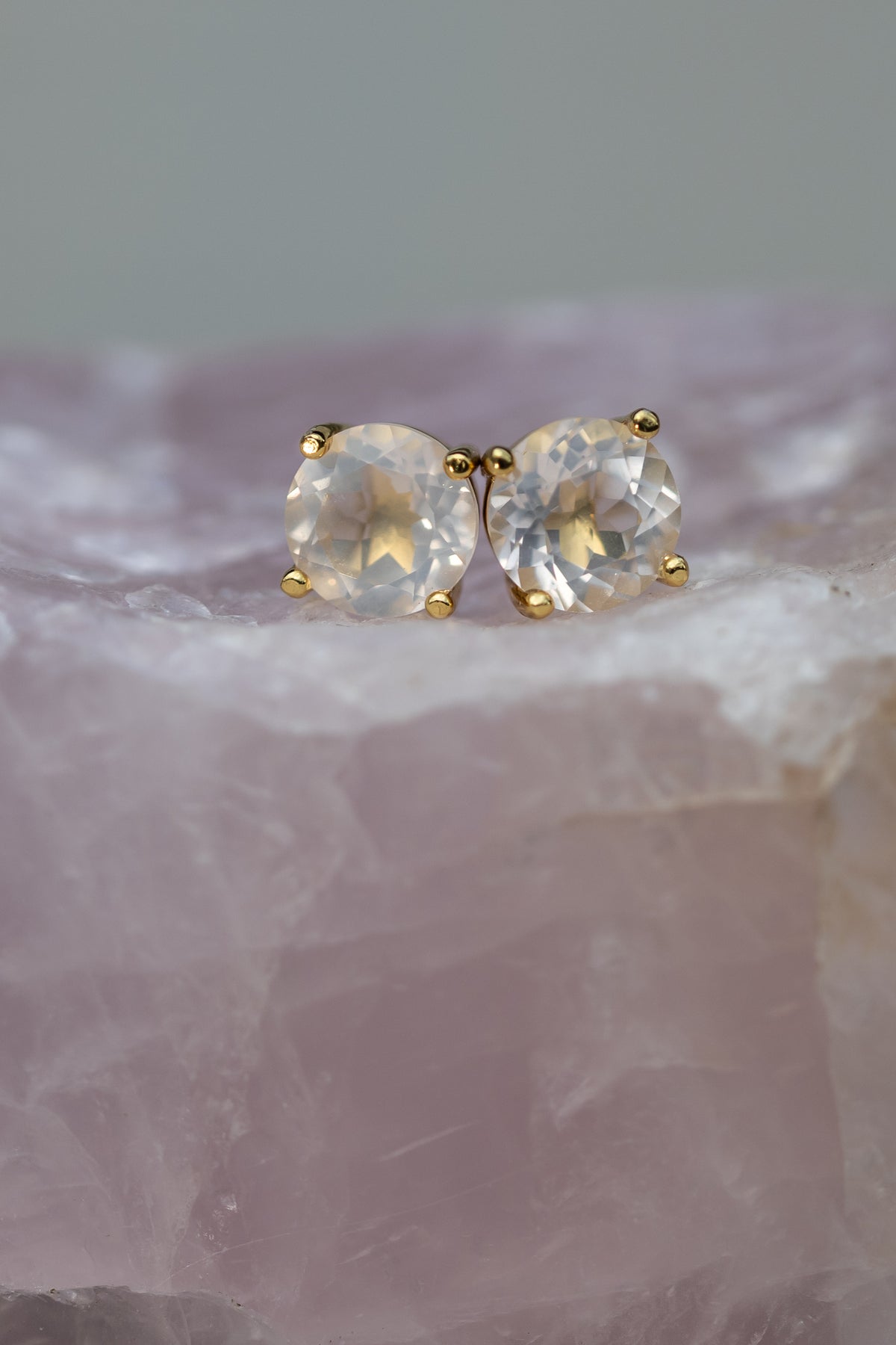 Rose quartz stud earrings in 18k gold plating by Marie-Françoise Jewellery