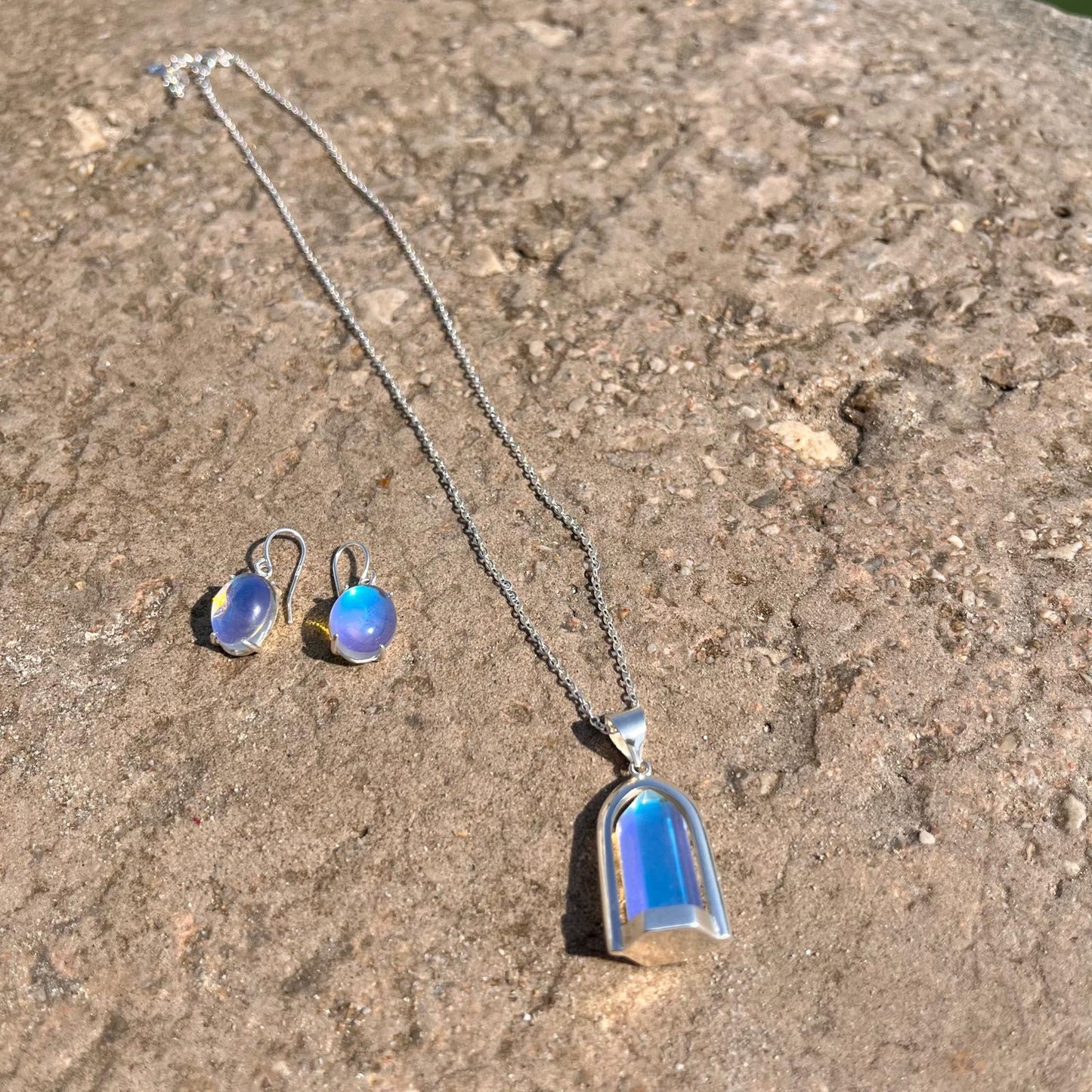 Rainbow Moonstone Sterling Silver Pendant Earrings